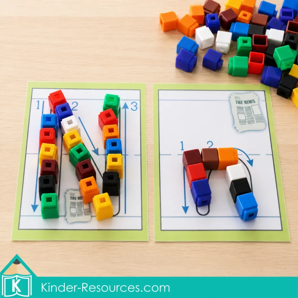 Uppercase and Lowercase N letter formation mats with colourful linking cubes for preschool alphabet practice.