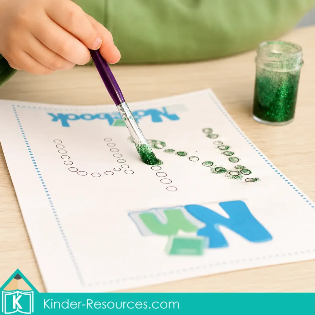 Preschool child painting dotted letter N paths with green glitter during a hands-on alphabet activity.