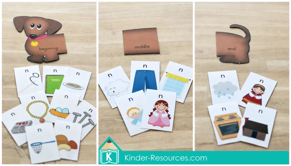 Three panel preschool letter N phonics activity showing picture cards sorted by the beginning, middle, or ending position of the N sound.