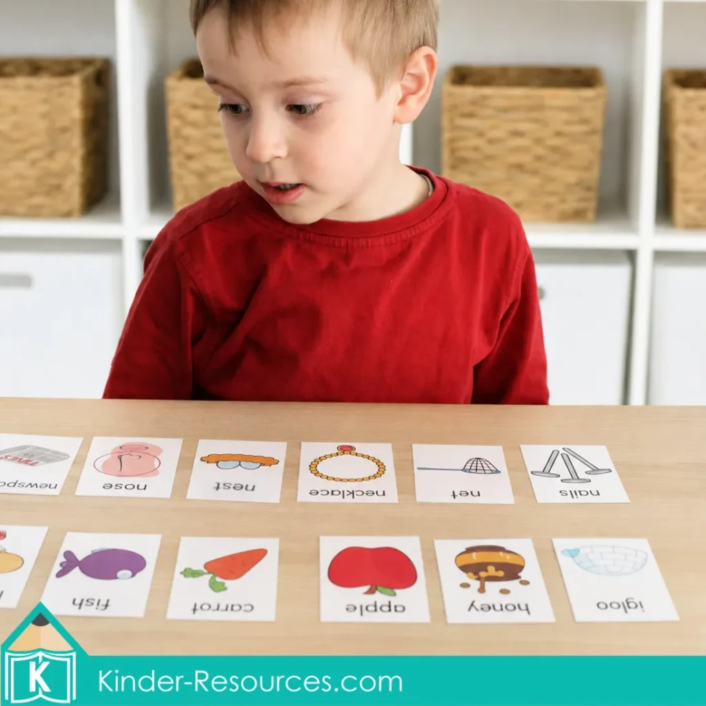 Preschool child reading word picture cards arranged on a table for an early literacy activity.