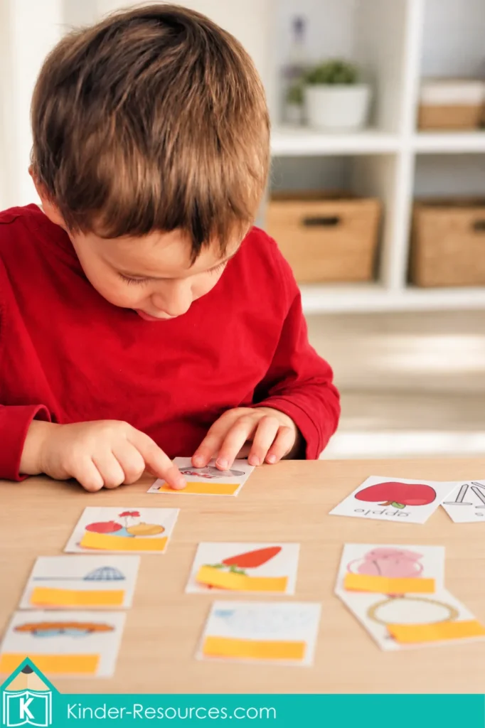 Preschool child using beginning sounds picture cards with hidden word labels for hands on phonics practice.