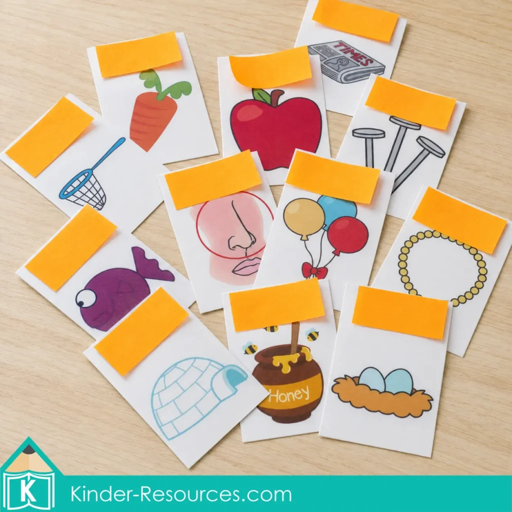 Beginning sounds picture cards with sticky note flaps for preschool phonics and vocabulary practice.