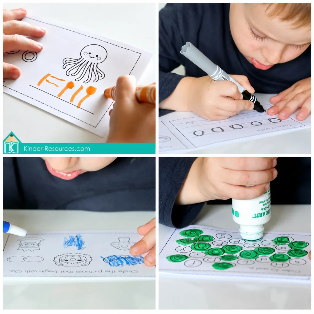 Preschool Letter O printable activities for writing, tracing, identifying beginning sounds and finding the letter O with dot markers.