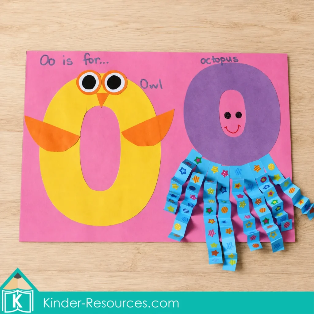 Finished preschool Letter O craft featuring an O shaped owl and octopus with folded paper tentacles and colorful stickers.