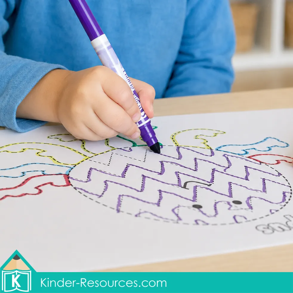 Using a purple marker to trace colorful paths on an octopus themed fine motor worksheet.