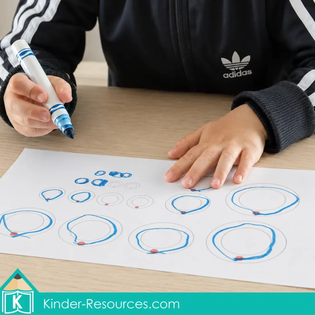 Using a blue marker to trace and write uppercase O and lowercase o on a printable handwriting worksheet.