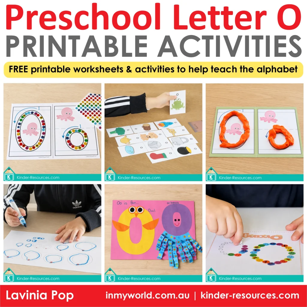 Collection of free preschool letter O printable activities featuring sticker mats, picture sorting, play dough, handwriting, phonics and an owl and octopus craft.