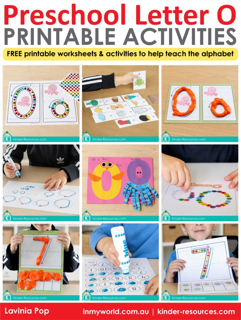 Collection of preschool letter O and number 7 printable activities for alphabet learning, phonics, letter formation, counting and fine motor practice.