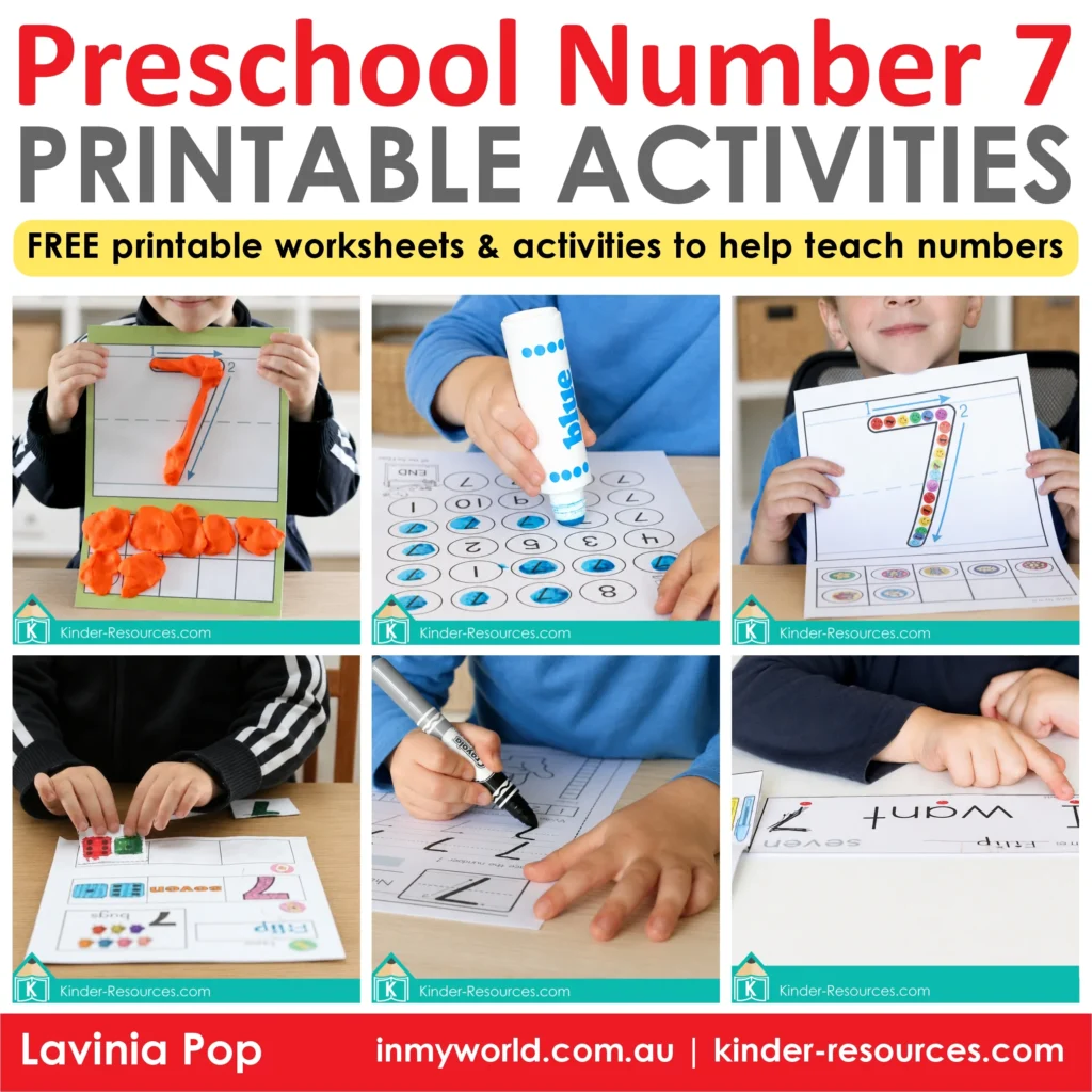 Collection of free preschool number 7 printable activities for number formation, counting, handwriting, identification and early reading.