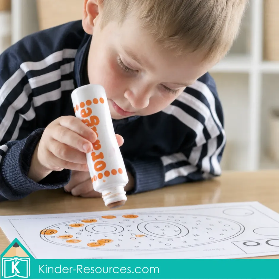 Using an orange dot marker to find and mark uppercase and lowercase O on a printable letter identification worksheet.