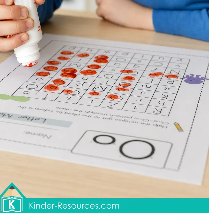 Using an orange dot marker to find uppercase and lowercase O through a printable letter maze.