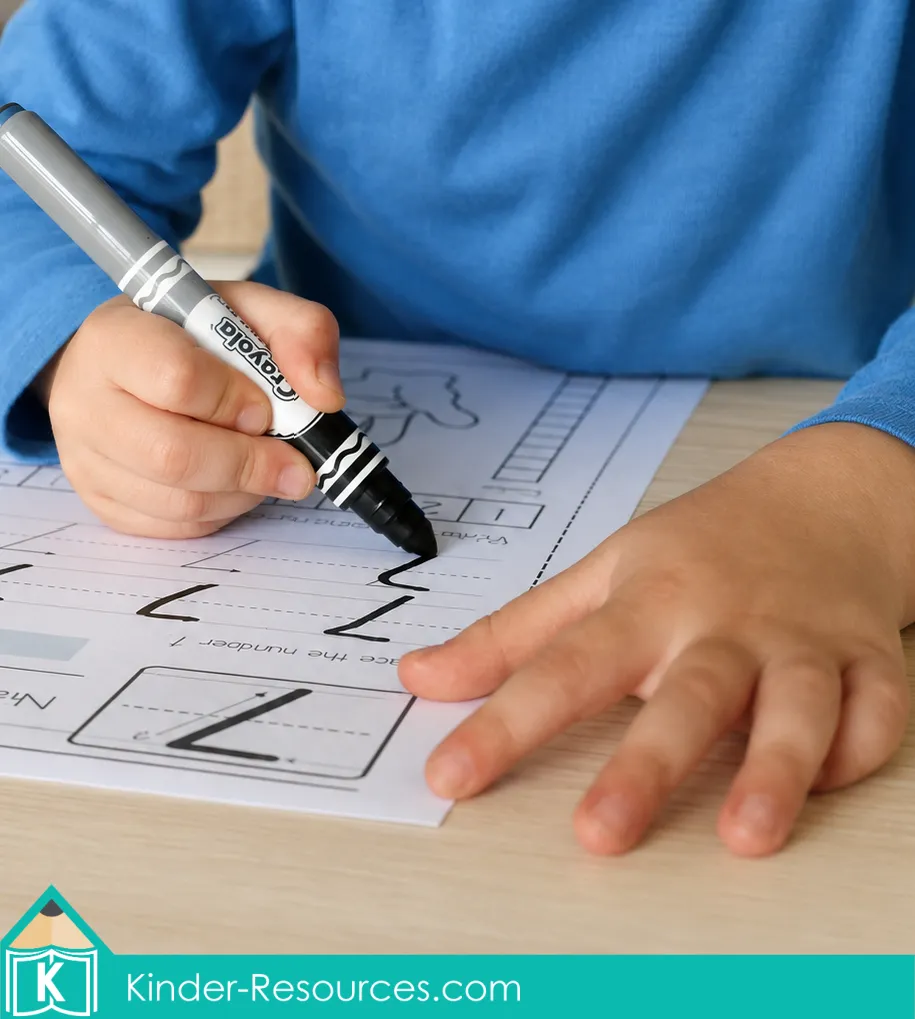 Printable handwriting worksheet and black marker to trace and write the number 7.
