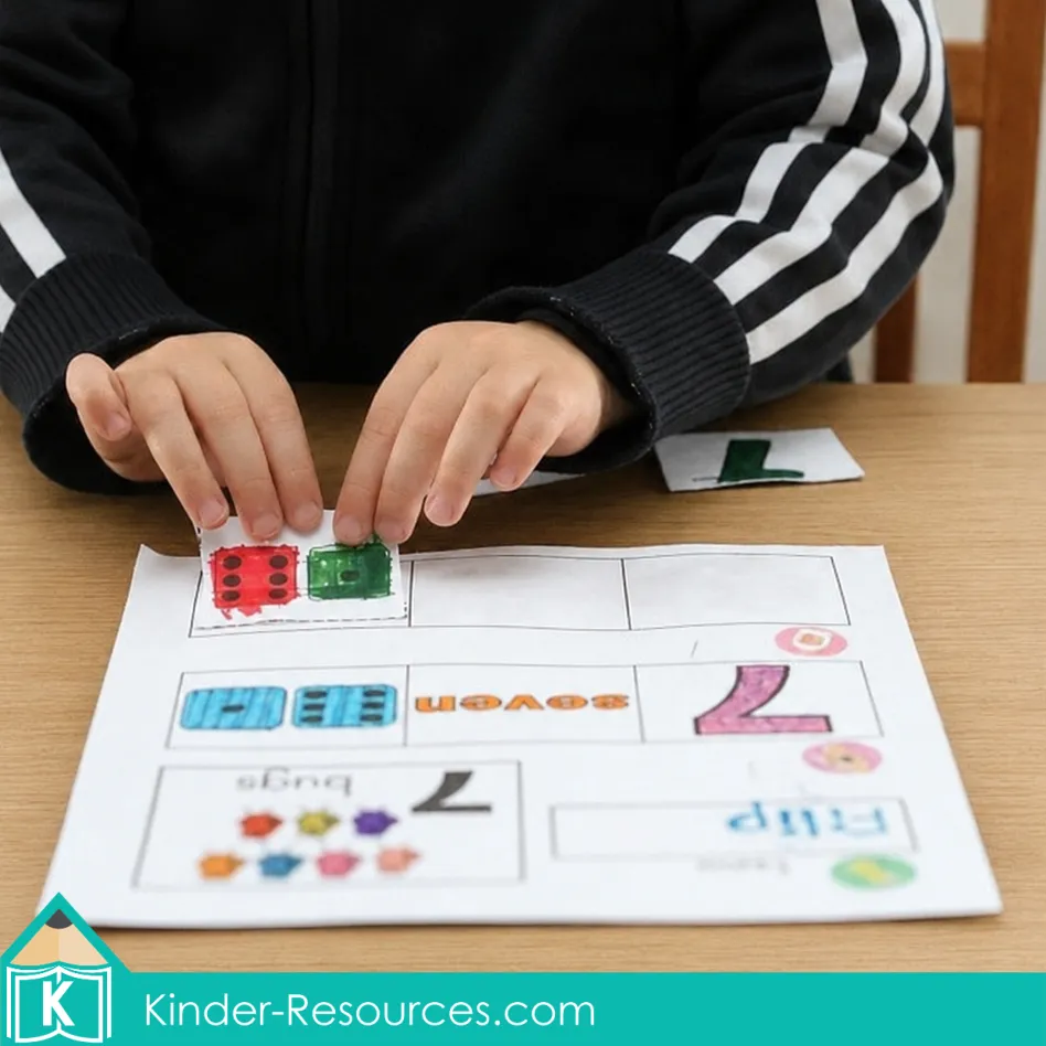 Using printable picture cards to complete a number 7 worksheet featuring the numeral, number word seven and groups of seven.