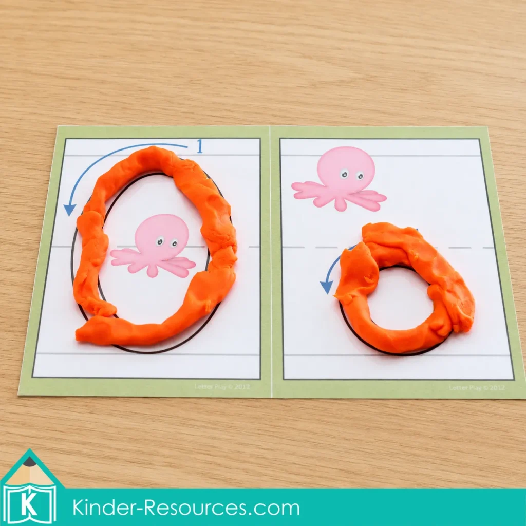 Printable play dough mats showing uppercase O and lowercase o formed with orange playdough.
