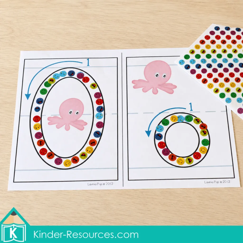 Printable uppercase O and lowercase o formation mats completed with colorful emoji stickers and pink octopus pictures.