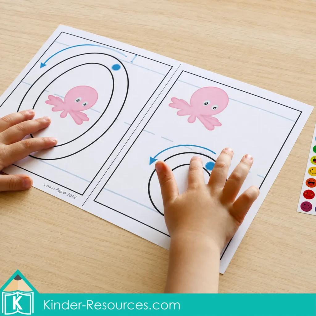 Using printable uppercase O and lowercase o formation mats with colorful emoji stickers for a fine motor activity.