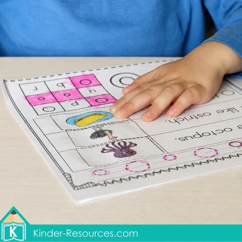 Completed preschool Letter O worksheet for letter identification, beginning sounds and uppercase and lowercase O formation.
