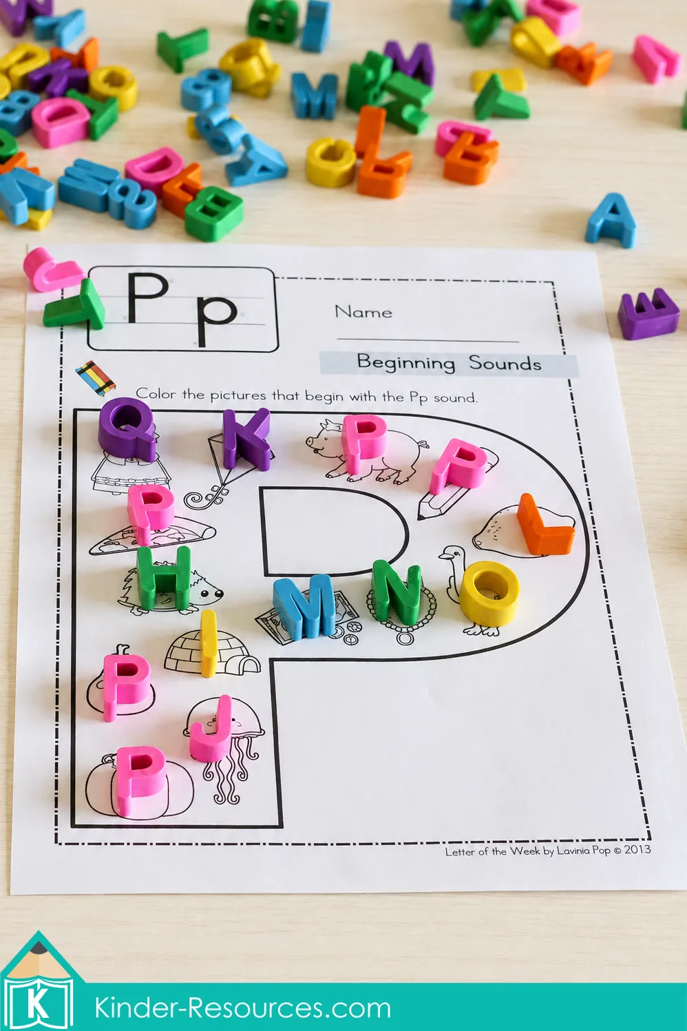 Completed beginning sounds worksheet with alphabet erasers matched to the correct picture clues.