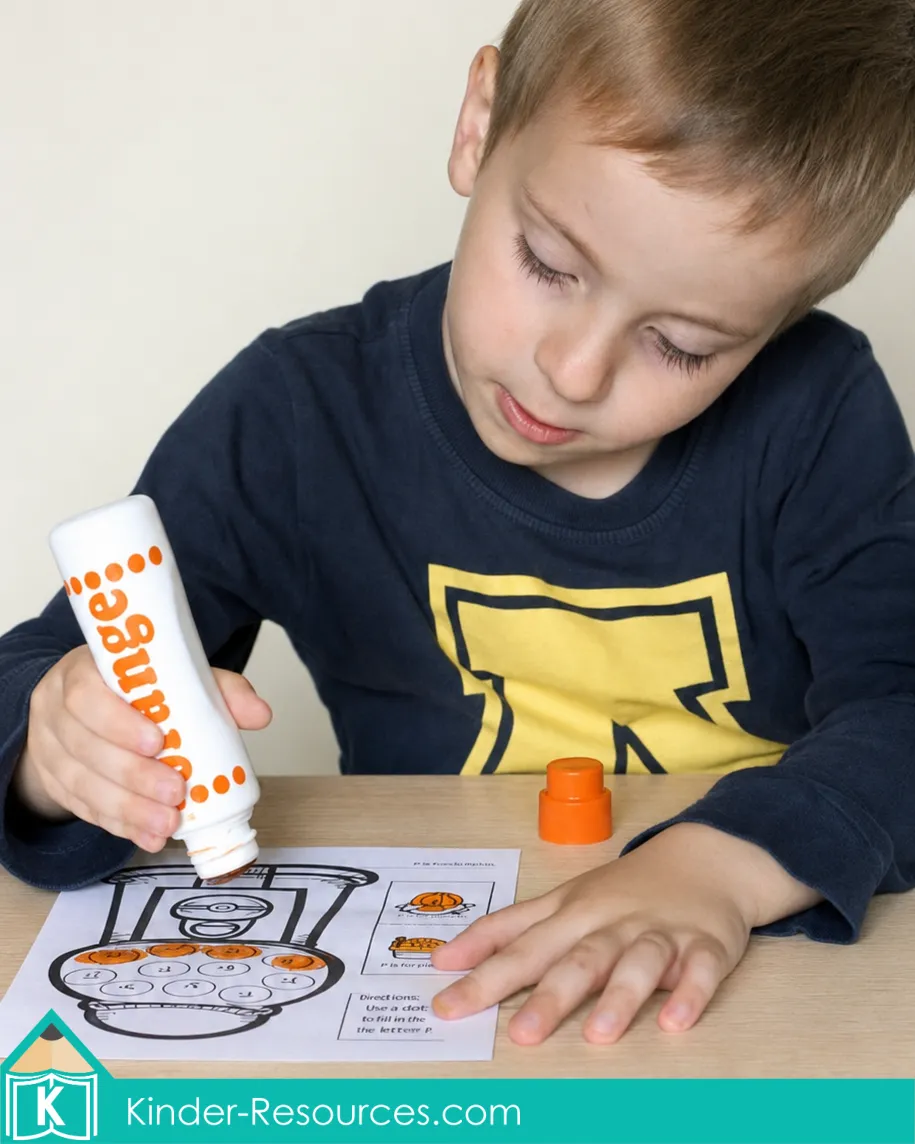 Using a dot marker to identify uppercase P and lowercase p on a printable gumball letter recognition worksheet.