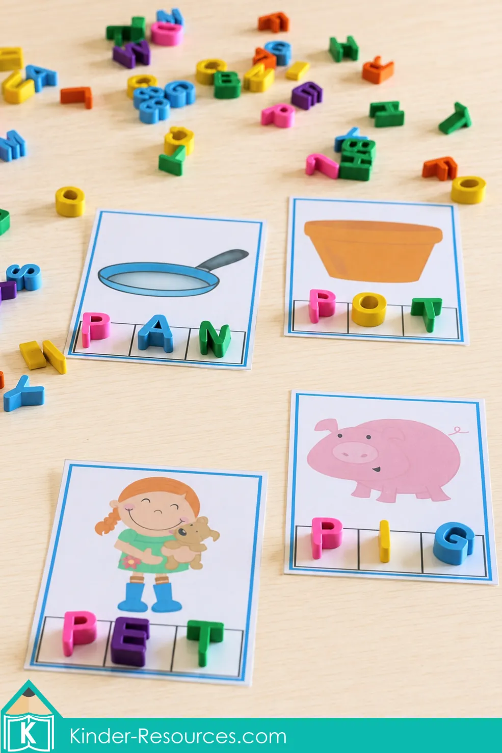 Completed CVC phoneme segmentation cards showing beginning P words built with alphabet erasers.
