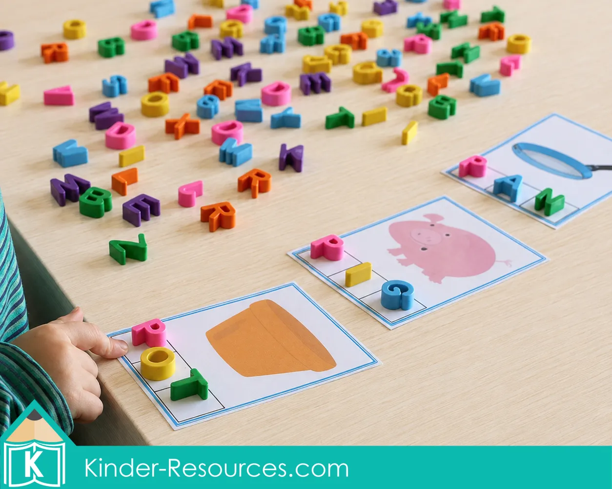 sing alphabet erasers and phoneme segmentation cards to build three letter CVC words one sound at a time.