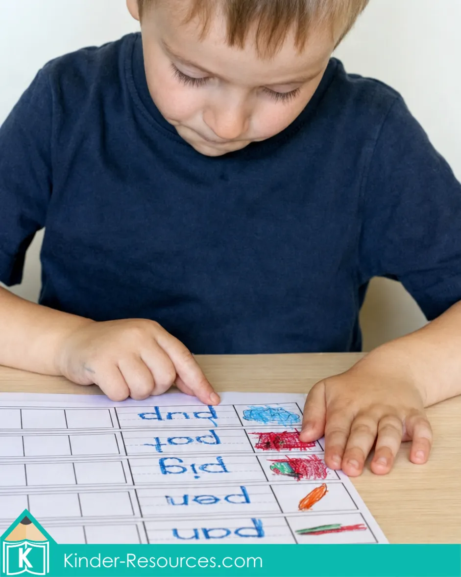 Cutting and matching pictures on a printable CVC word families worksheet to practice segmenting and blending.