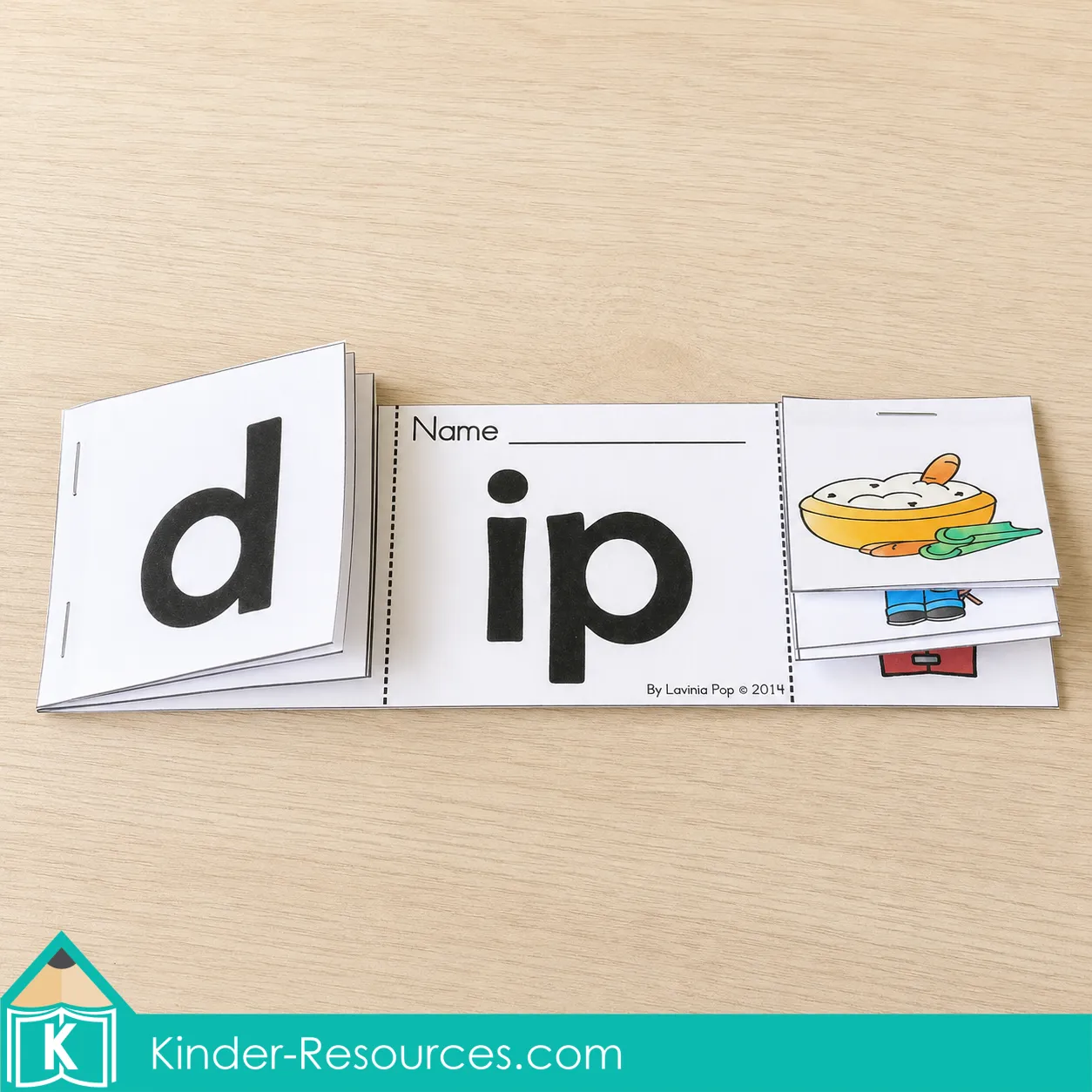 Completed printable ip word family flip flap booklet with CVC words and matching picture clues.