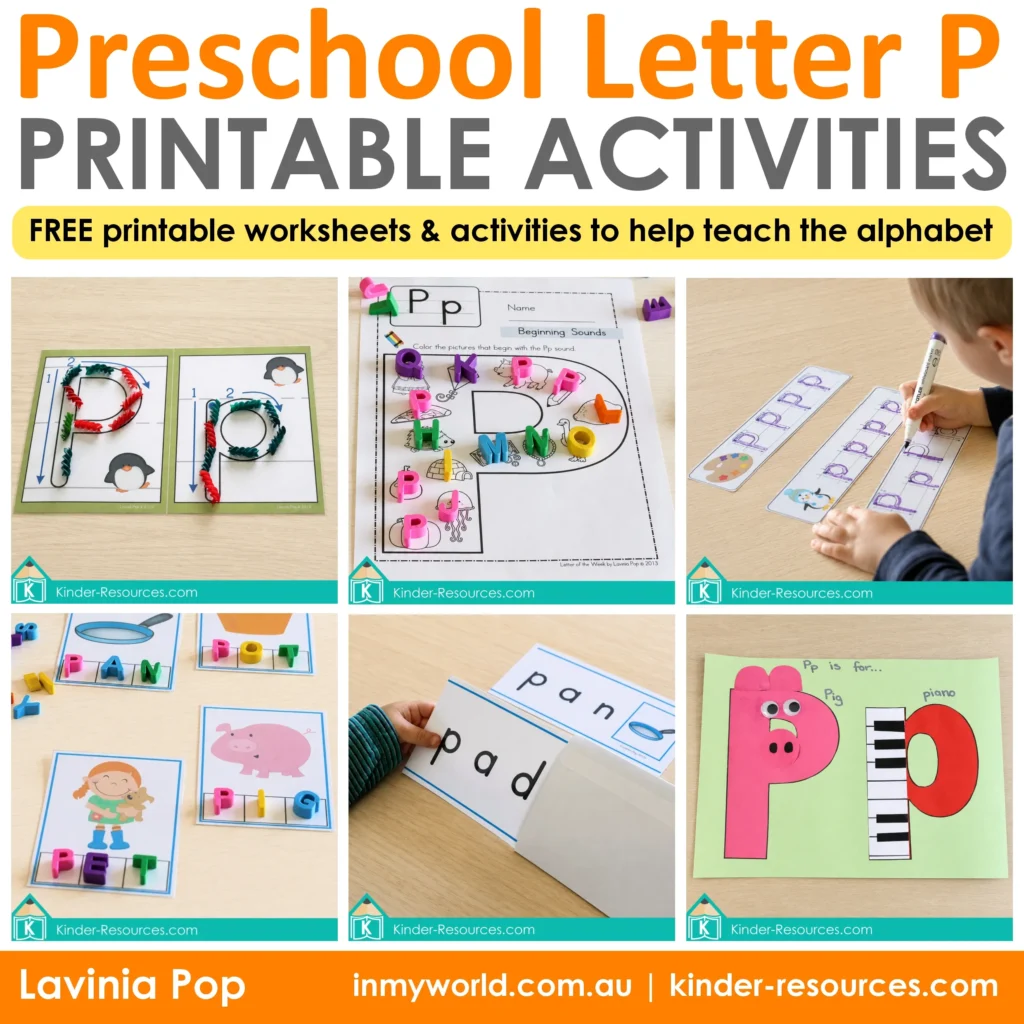 Preschool Letter P printable activities featuring letter formation, beginning sounds, CVC word building, handwriting, and a pig and piano craft.