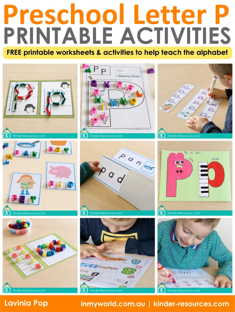Preschool Letter P printable activities featuring letter formation, beginning sounds, CVC words, handwriting, crafts, and number 8 practice.