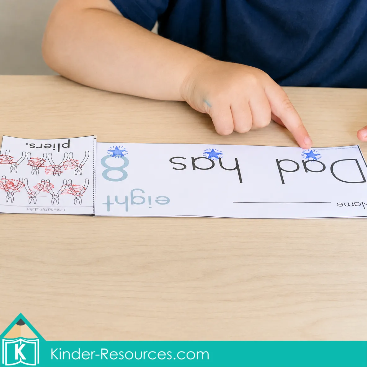 eading a printable number 8 flip book and pointing to each word to practice one to one correspondence.