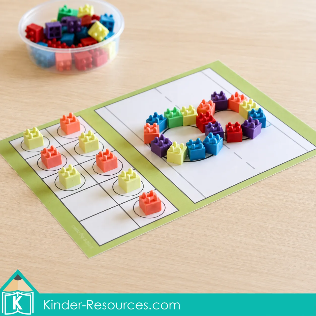 Completed printable number 8 mat with building brick erasers forming the numeral and an AB pattern in the ten frame.