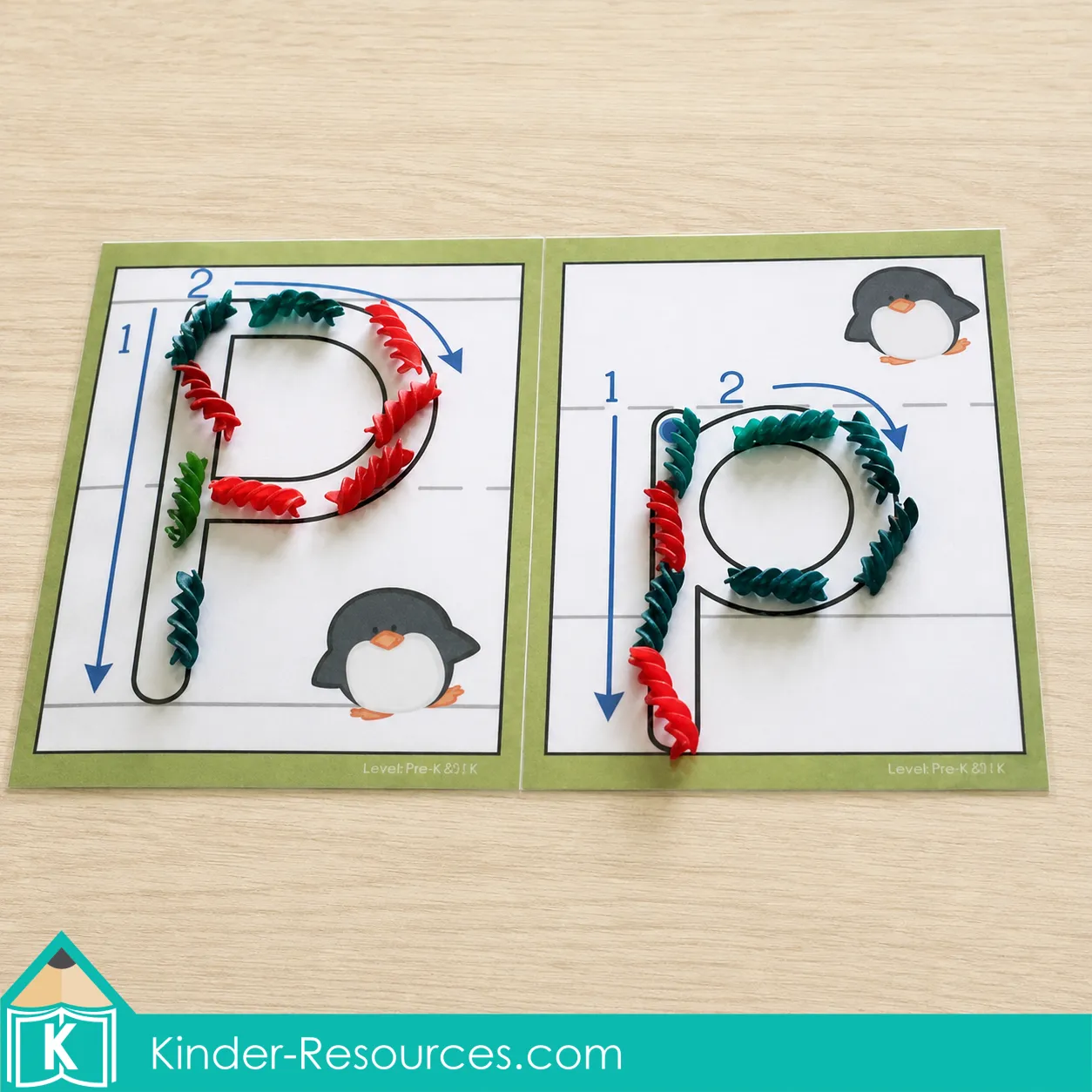 Printable uppercase and lowercase P formation mats completed with colored spiral pasta.