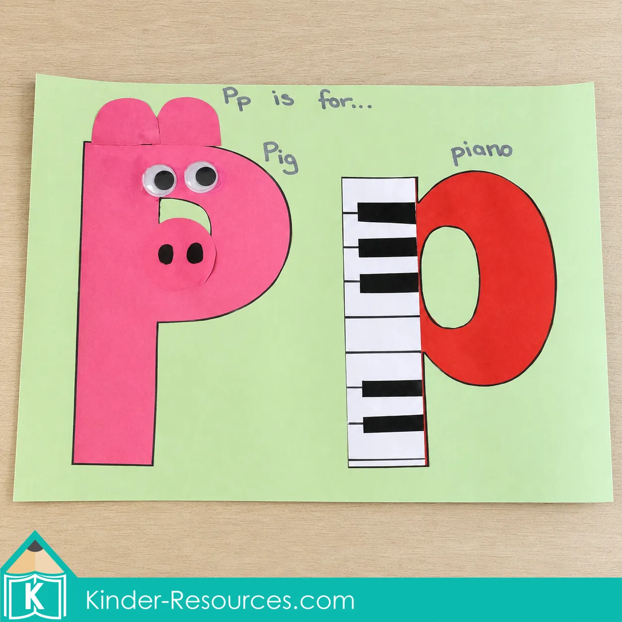 Finished preschool letter P craft showing an uppercase P pig and a lowercase p piano.