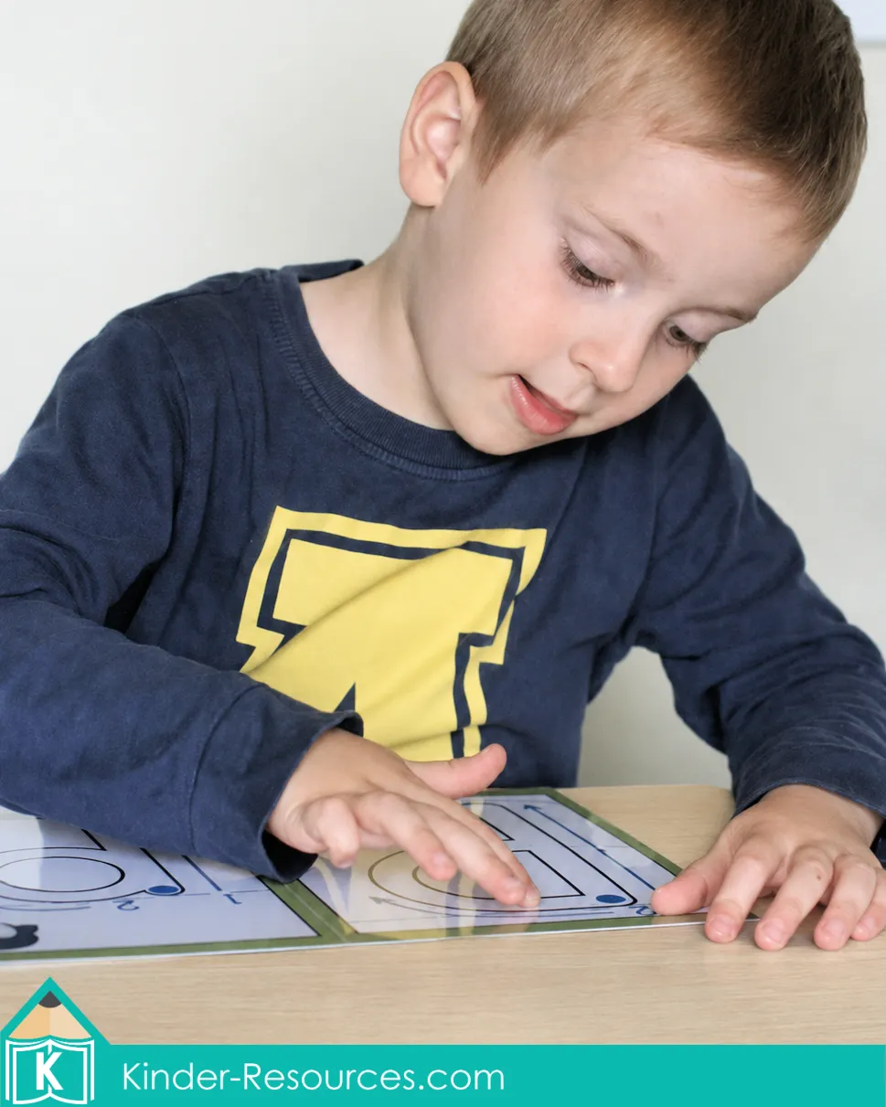 Using printable letter formation mats to finger trace uppercase P and lowercase p before handwriting practice.