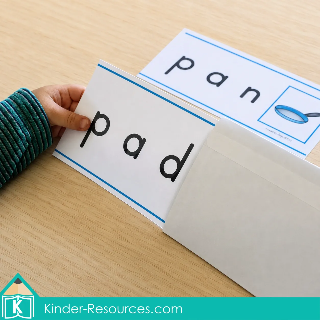 Using printable CVC word slider cards to build, blend, and read beginning P words such as pan and pad.