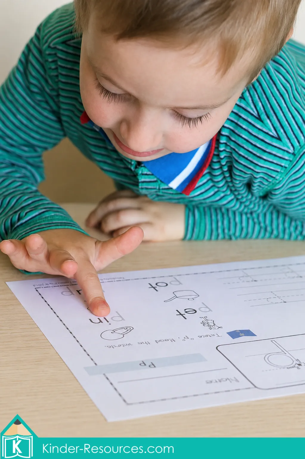Using a preschool letter P worksheet to read CVC words and practice letter recognition and handwriting.