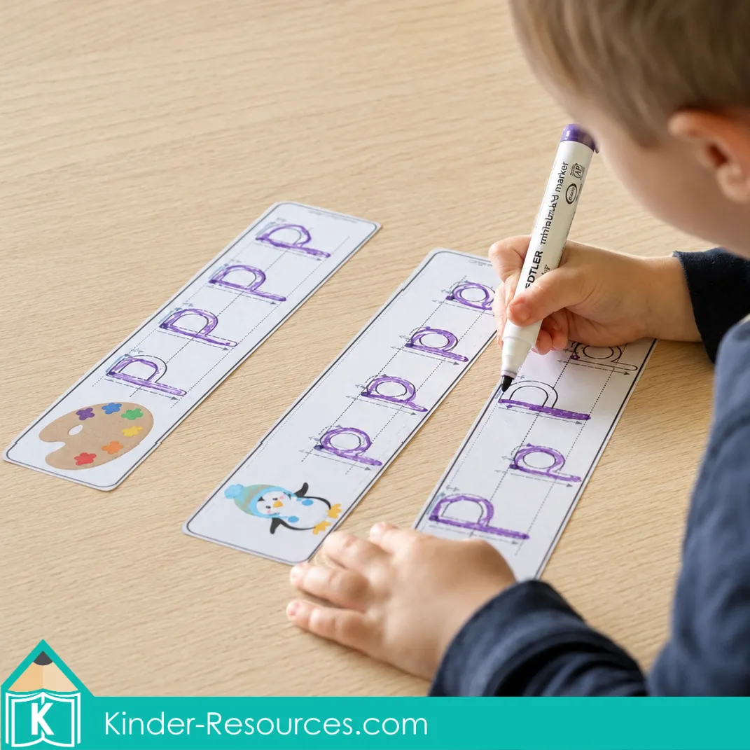 Using reusable write and wipe cards to trace uppercase P and lowercase p with a whiteboard marker.