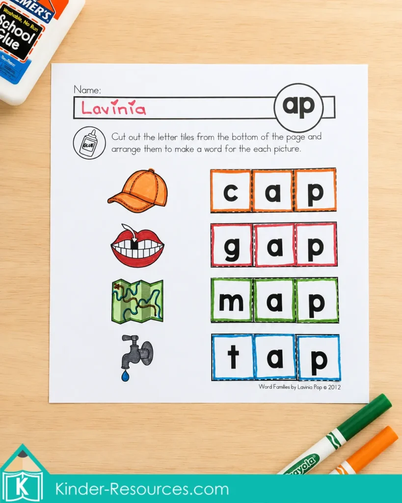 P word family build a word worksheet with cut and paste letter tiles for cap, gap, map and tap.