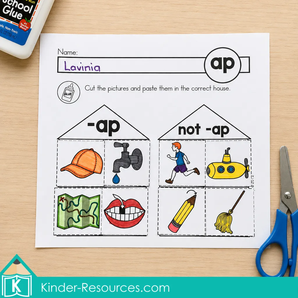 AP word family cut and paste worksheet with picture sorting practice for cap, tap, map and gap in kindergarten.