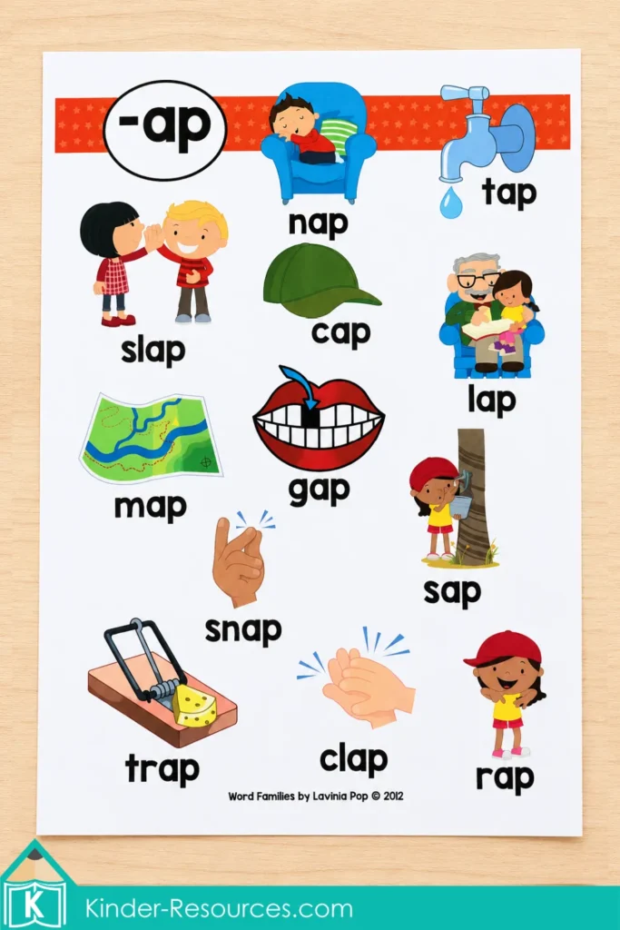 AP word family poster with picture vocabulary for nap, tap, slap, cap, lap, map, gap, sap, snap, trap, clap and rap.