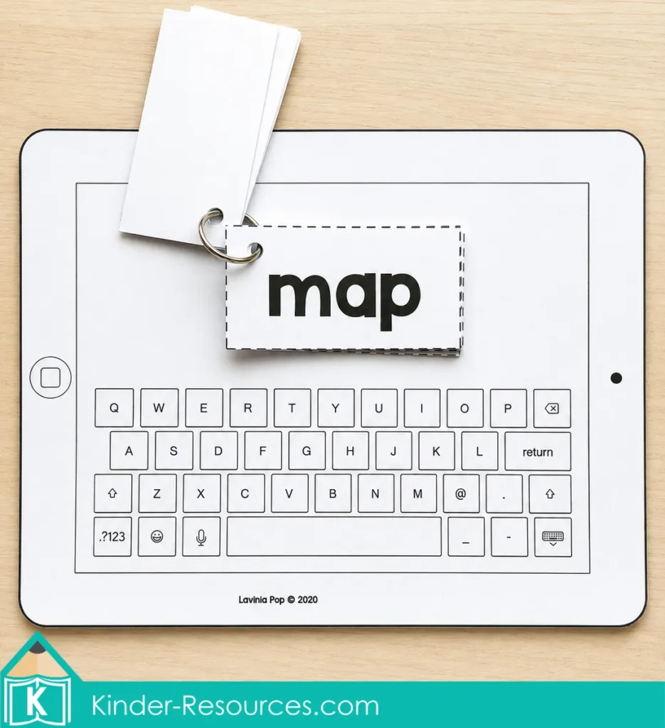Printable keyboard word building activity with a ring bound map card for kindergarten phonics and spelling practice.