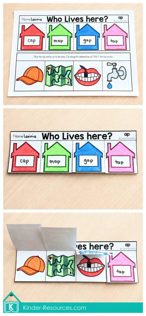 AP word family flip-flap activity matching cap, map, gap and tap pictures to colorful word houses for kindergarten phonics.
