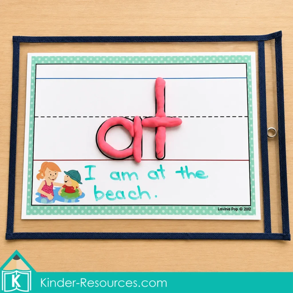 Sight word at play dough mat with letter formation and sentence writing practice for kindergarten literacy centers.