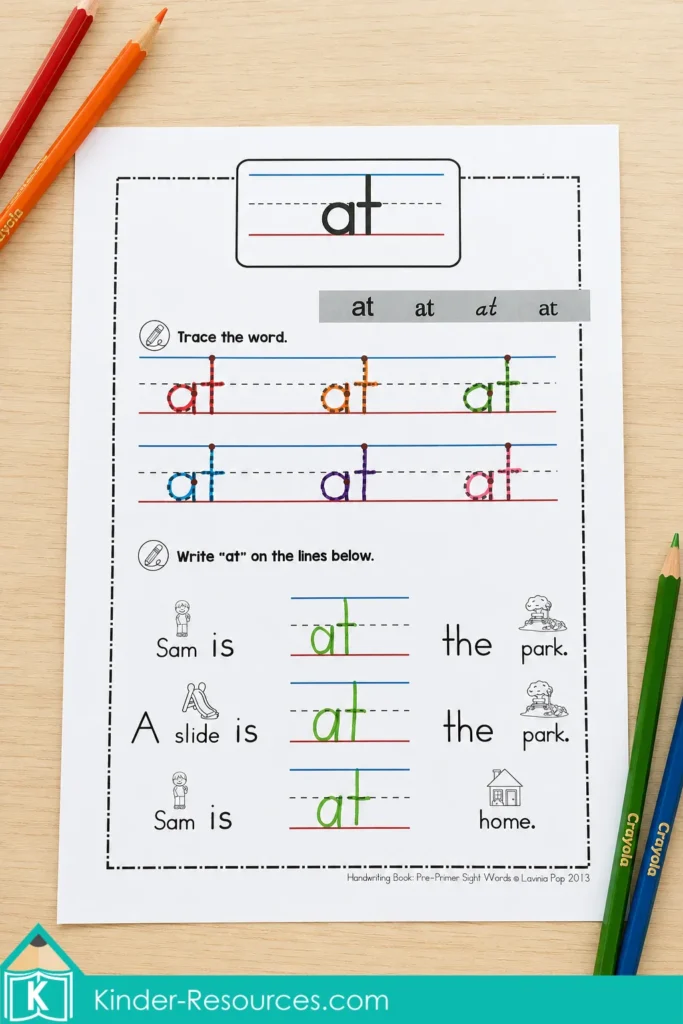 Sight word at handwriting worksheet with multicoloured tracing and simple sentence practice for kindergarten.