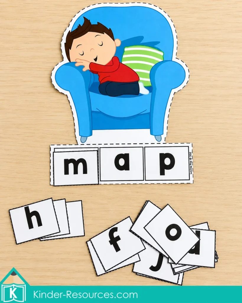 P word family activity with real and nonsense word sorting, picture drawing and letter tiles for kindergarten phonics practice.