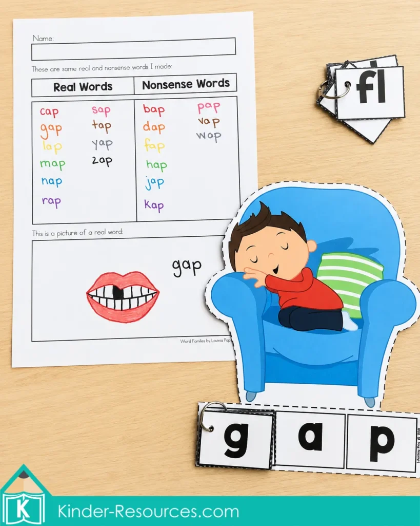 P word family activity with real and nonsense word sorting, picture drawing and letter tiles for kindergarten phonics practice.