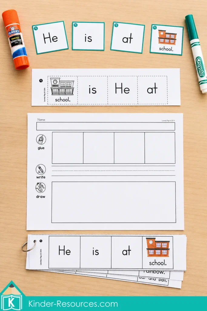 Kindergarten sight word sentence building activity with word cards, a glue write draw worksheet and picture sentence models.