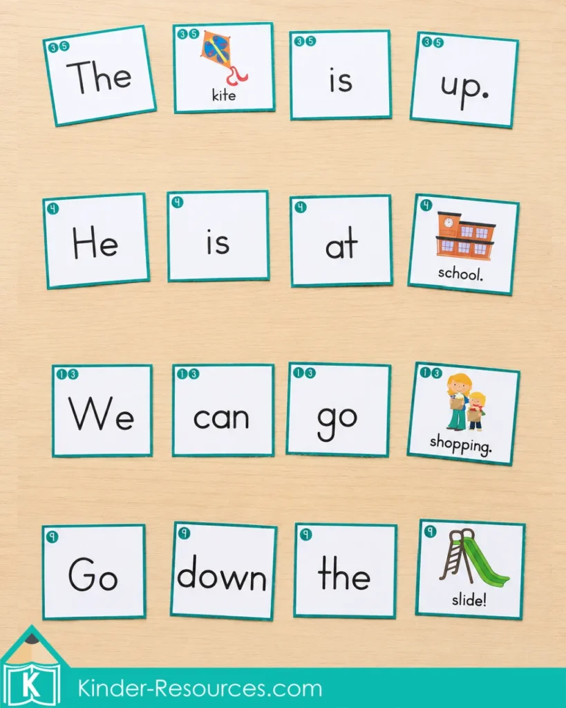 Printable kindergarten sentence building cards with picture supported sight word sentences for literacy centers.