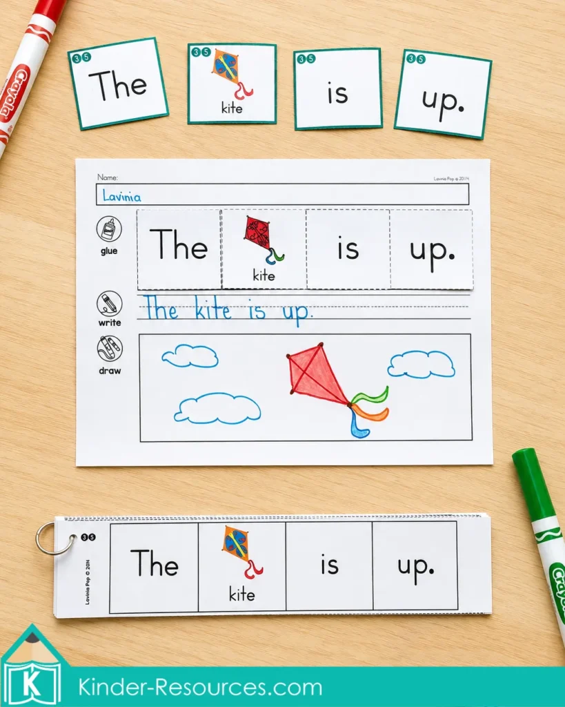 Completed sight word sentence building worksheet with cut and paste word cards, handwriting practice and a kindergarten drawing activity.