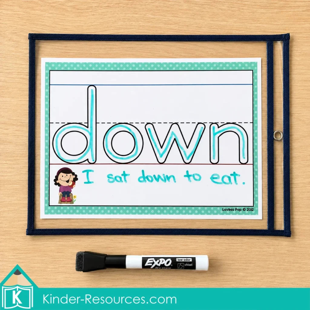 Sight word down tracing mat with dry erase handwriting and sentence writing practice for kindergarten.